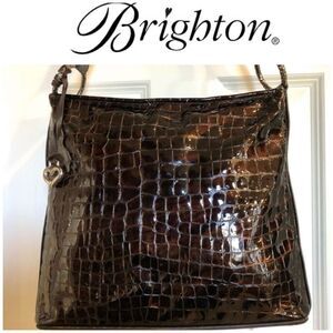 BRIGHTON - 🎉HP🎉 “Cher” Bronze Croco-Embossed Patent Leather/Brown Leather Trim